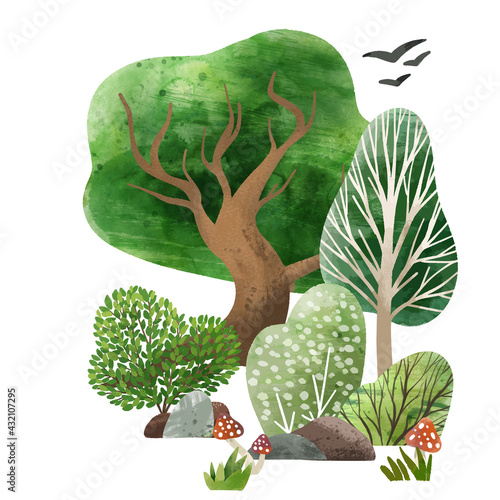 Watercolor forest elements, hand drawn vector illustration.