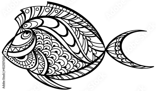 Tropical Fish coloring page. Underwater world, coral reef. Anti-stress Abstract coloring for adult and children. Black and white beautiful round fish. Vector EPS 8.