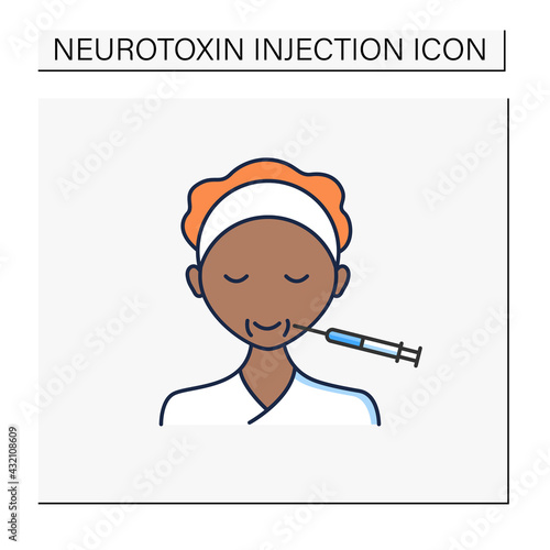 Cosmetic injection color icon.Face lifting.Smile.Form correction. Rejuvenation. Full syringe. Beauty cosmetic procedure.Isolated vector illustration