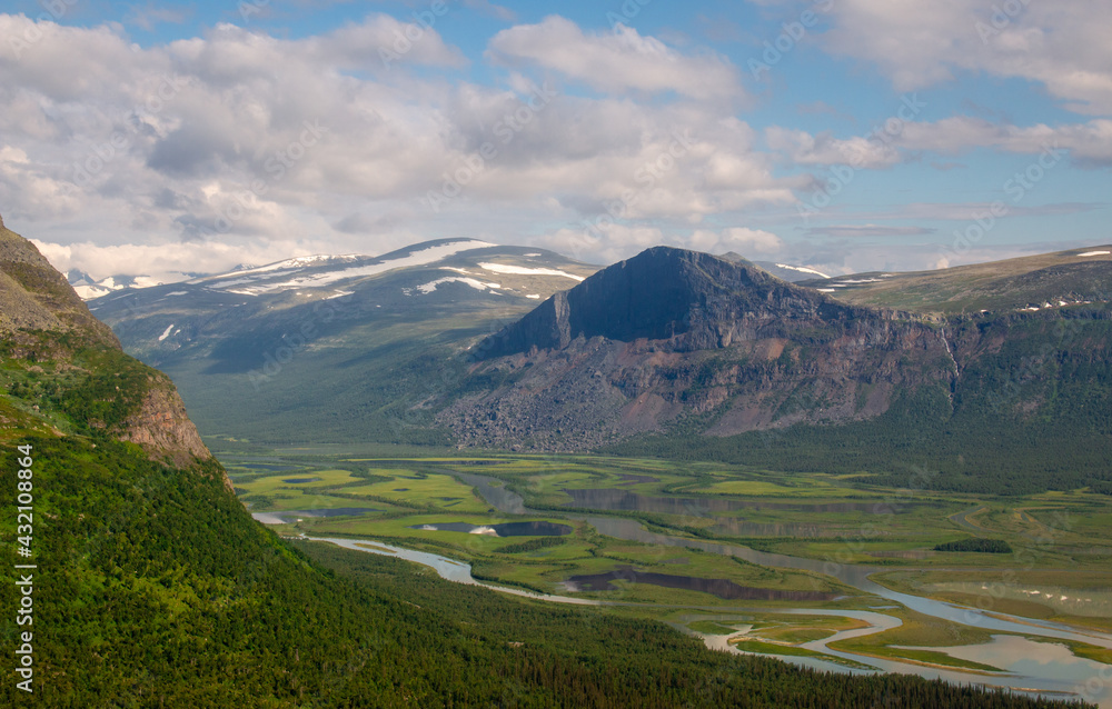 View from a helicopter flying above Rapadalen, Sarek National park, Swedish Lapland.