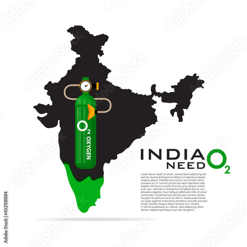 Oxygen Shortage in India during the second wave of coronavirus Covid-19 pandemic. Indian map with oxygen cylinder on white background, Flat image. Vector illustration