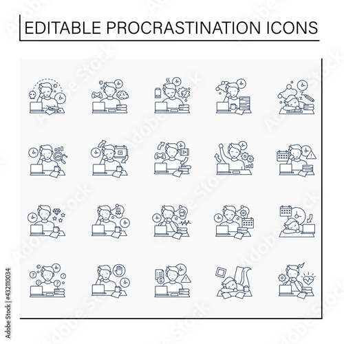 Procrastination line icons set. Postpone unpleasant tasks for later.Delay. Lazy person. Overwhelmed concept. Isolated vector illustrations.Editable stroke