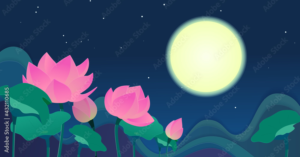 Lotus flowers against the night moon sky. Vector background. Lotus flowers against the night moon sky. Vector background.