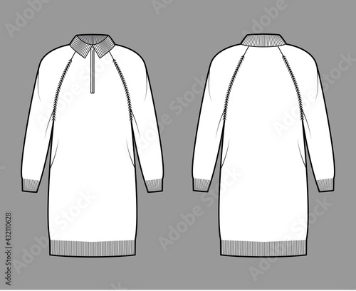 Dress Zip-up Sweater technical fashion illustration with rib henley neck, classic collar, long raglan sleeves, relax body, knee length, knit trim. Flat front, back, white color. Women, men CAD mockup