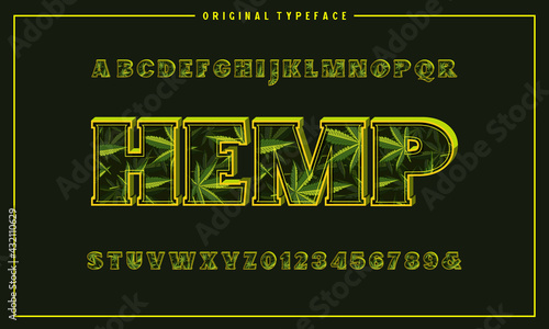 Original 3d font with rich and detailed texture. Marijuana leaves in the background. Vector letters and numbers