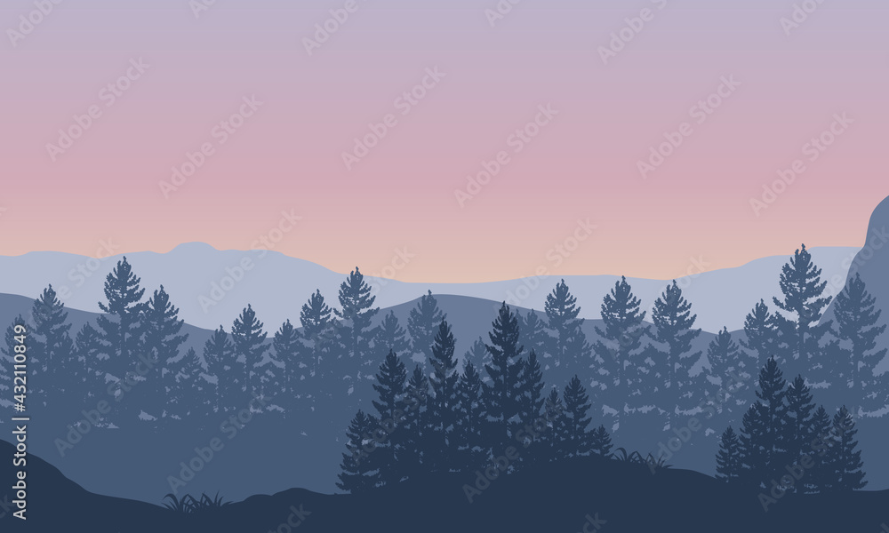 Amazing view of the mountains with the forest from the edge of the city in the morning. Vector illustration