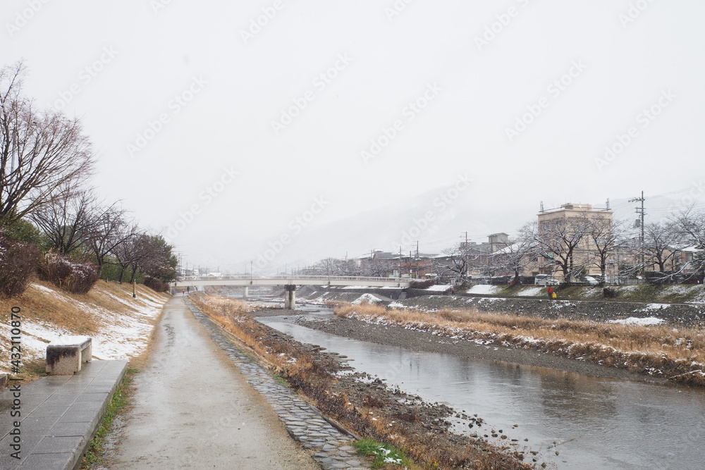 Winter Snow Kamogawa Kamoriver Riverside walkway 