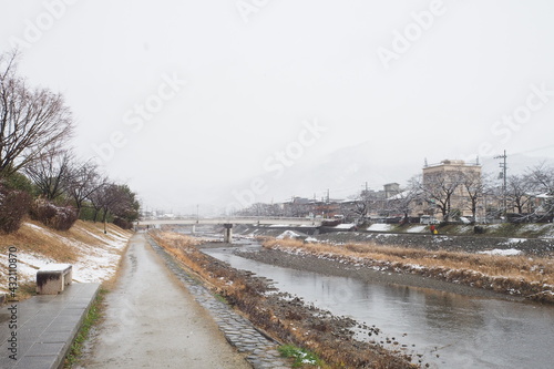 Winter Snow Kamogawa Kamoriver Riverside walkway  © Fay