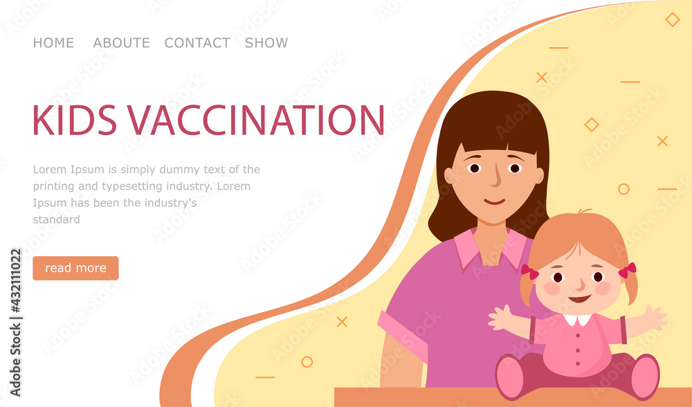 landing page Kids vaccination. Mom and child in medical clinic. Web site landing page Kids vaccination. Mom and child in medical clinic. Web site