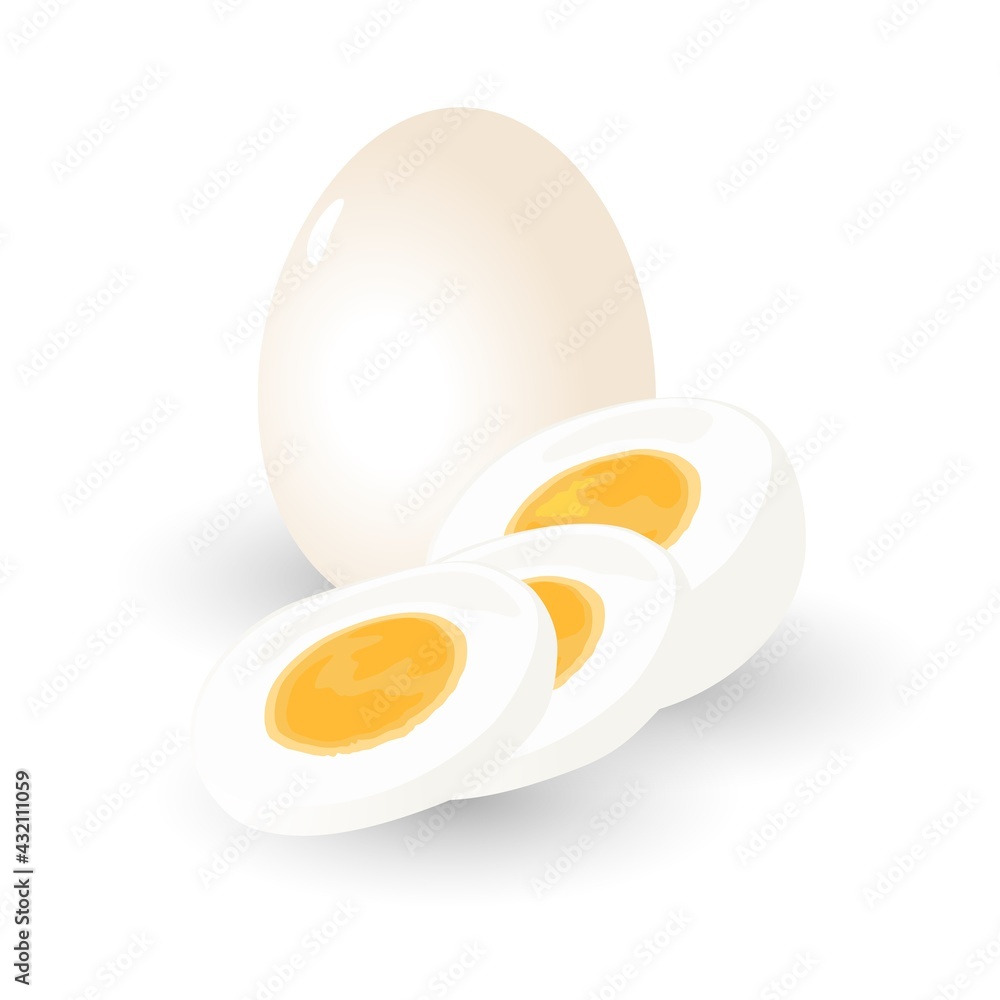 Soft boiled chicken whole and sliced eggs, egg white and yolk. Vector quick breakfast, protein and vitamins, healthy food, home cooking design. Isolated on white background Soft boiled chicken whole and sliced eggs, egg white and yolk. Vector quick breakfast, protein and vitamins, healthy food, home cooking design. Isolated on white background