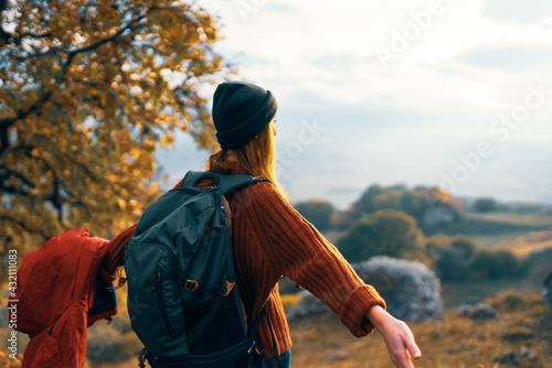 cheerful woman hiker nature freedom landscape lifestyle