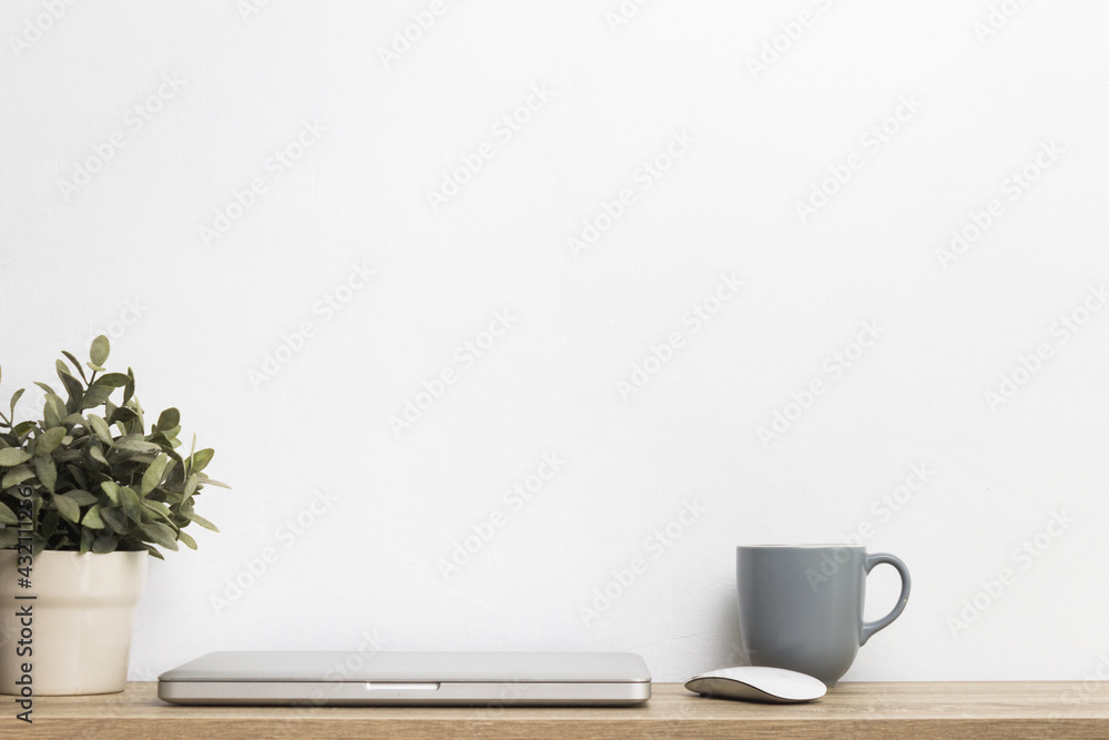 A computer device, a coffee cup and plant on table over the light wall. A computer device, a coffee cup and plant on table over the light wall.