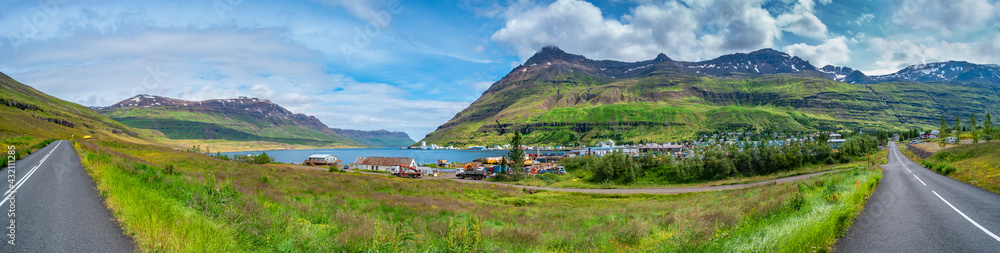 Panoramic view over Seydisfjordur small town in eastern Iceland, and beautiful fjords around, Iceland, summer.