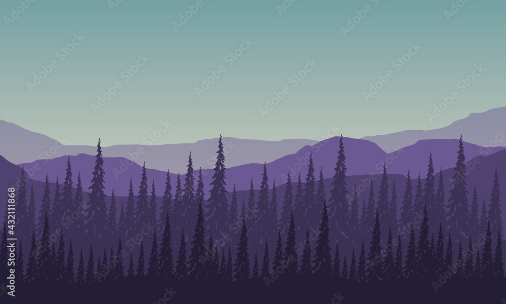 Fantastic panoramic views of the mountains with the forest from the suburbs. Vector illustration