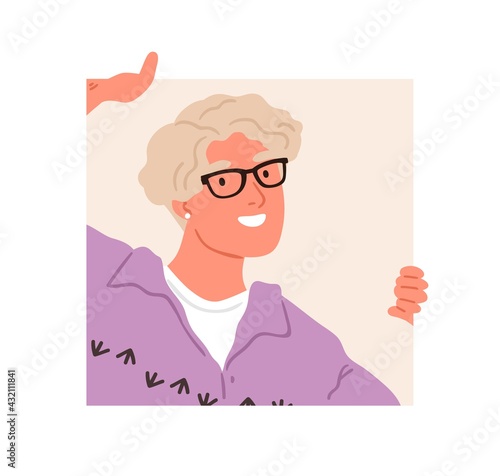 Happy person in glasses peeping and peeking out of square hole. Curious woman looking outside. Human hiding behind window. Curiosity concept. Flat vector illustration isolated on white background