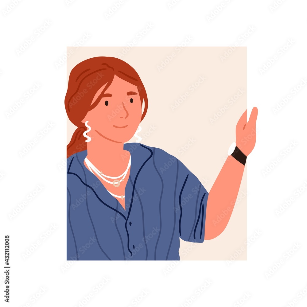 Happy curious person peeking and looking from behind square-shaped window. Portrait of young interested woman peeping out from hole, searching for smth. Flat vector illustration isolated on white