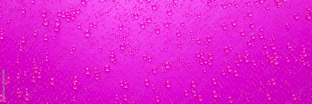 A lot of water droplets On metal or metalic surfaces in pink and dark pink shades for mobile background or wallpaper. 3D Rendering.