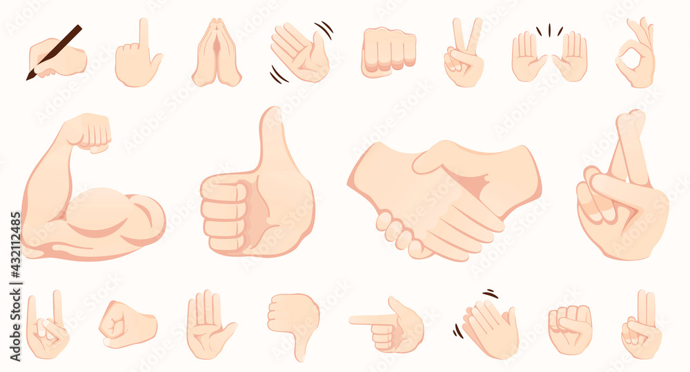 Hand gesture emojis icons collection. Handshake, biceps, applause, thumb,  peace, rock on, ok, folder hands gesturing. Set of different emoticon hands  isolated vector illustration., Stock vector