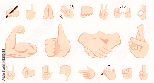 Hand gesture emojis icons collection. Handshake, biceps, applause, thumb, peace, rock on, ok, folder hands gesturing. Set of different emoticon hands isolated vector illustration.
