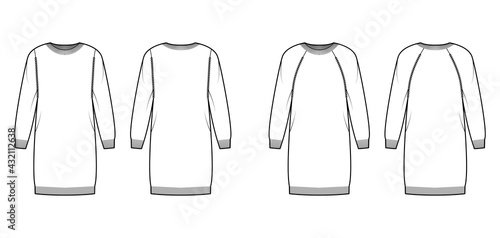 Set of crew neck dress Sweater technical fashion illustration with long raglan sleeves, oversized fit, knee length. Flat jumper apparel front, back, white color style. Women, men unisex CAD mockup