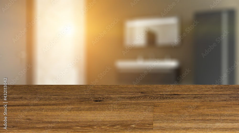 Background with empty wooden table. Flooring. Spacious bathroom in gray tones with heated floors, freestanding Background with empty wooden table. Flooring. Spacious bathroom in gray tones with heated floors, freestanding
