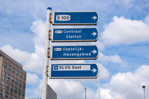 Direction Sign S100 And Central Station And Oostelijk Havengebied And OLVG Oost At Amsterdam The Netherlands 15 May 2020 photo