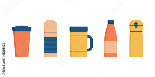 Thermo mugs, thermos, travel bottles, reusable tumblers or cups set for hot drinks. Plastic and steel containers, cups for coffee tea to go. Personal refillable beverage cup for take away. Vector flat