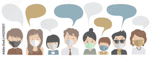people wearing facial mask talking, together to share ideas, sending messages in group, flat design characters