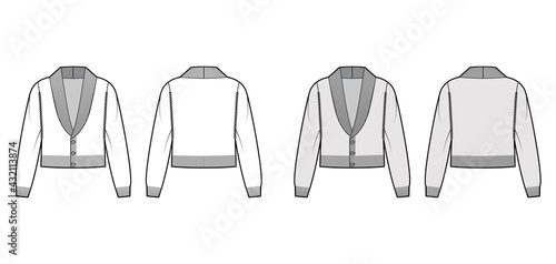 Cardigan cropped Shawl collar Sweater technical fashion illustration with long sleeves, relax body, waist length, closure. Flat apparel front, back, white grey color style. Women men unisex CAD mockup