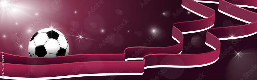 Naklejka premium Banner for football championship with soccer ball on a dark scarlet background. Glowing glare. Flying ribbons of white scarlet color. Template 2022. Poster. Vector illustration