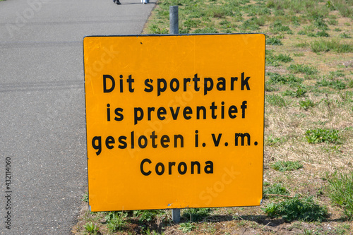 Corona Sign Sportpark IJburg At Amsterdam The Netherlands 8 May 2020 photo