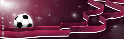 Banner for football championship with soccer ball on a dark scarlet background. Glowing glare. Flying ribbons of white scarlet color. Template 2022. Poster. Vector illustration