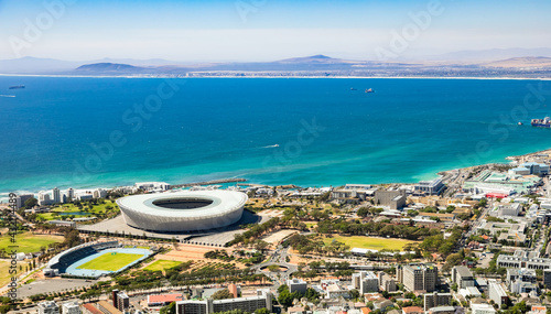 Elevated view of Green Point coastal suburb and Sports Stadium in Cape Town