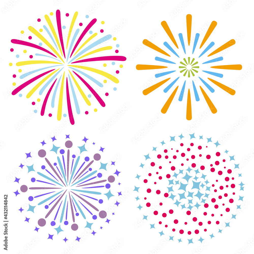 Four fireworks set 01- White background, flat color, no gradation color
