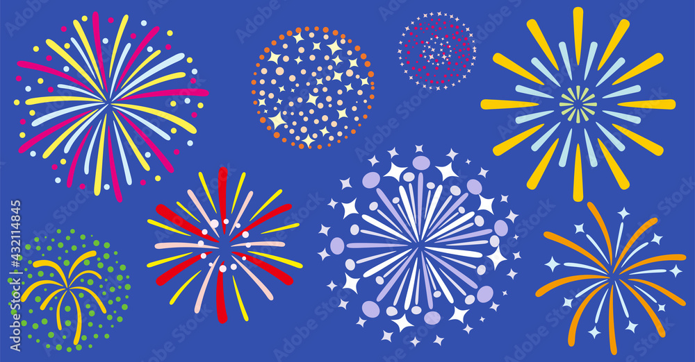 Eight fireworks set, random size - night blue color background, flat color, no gradation color