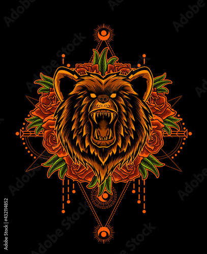 illustration vector angry bear head with rose flower