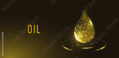 Oil droplet. Low poly style design. Futuristic modern abstract background. Isolated on dark background.  Wireframe drop light connection structure, 3d polygonal graphic concept. Vector illustration.