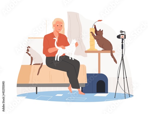 Vet blogger sitting in front of camera with cats and recording video blog about animals, pets. Zoopsychologist creating content for vlog. Colored flat vector illustration isolated on white background