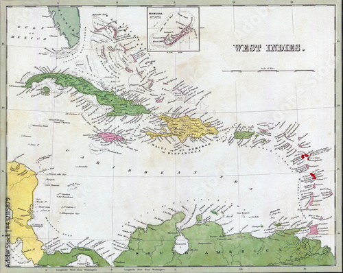 Closeup shot of an Antique map of Cuba and the Caribbean from the out of print 1841 Goodrich atlas photo