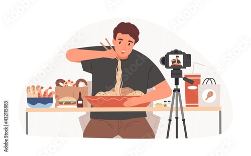 Blogger recording Mukbang video for entertainment vlog, eating asian food in front of camera. Vlogger creating content for his channel. Colored flat vector illustration isolated on white background