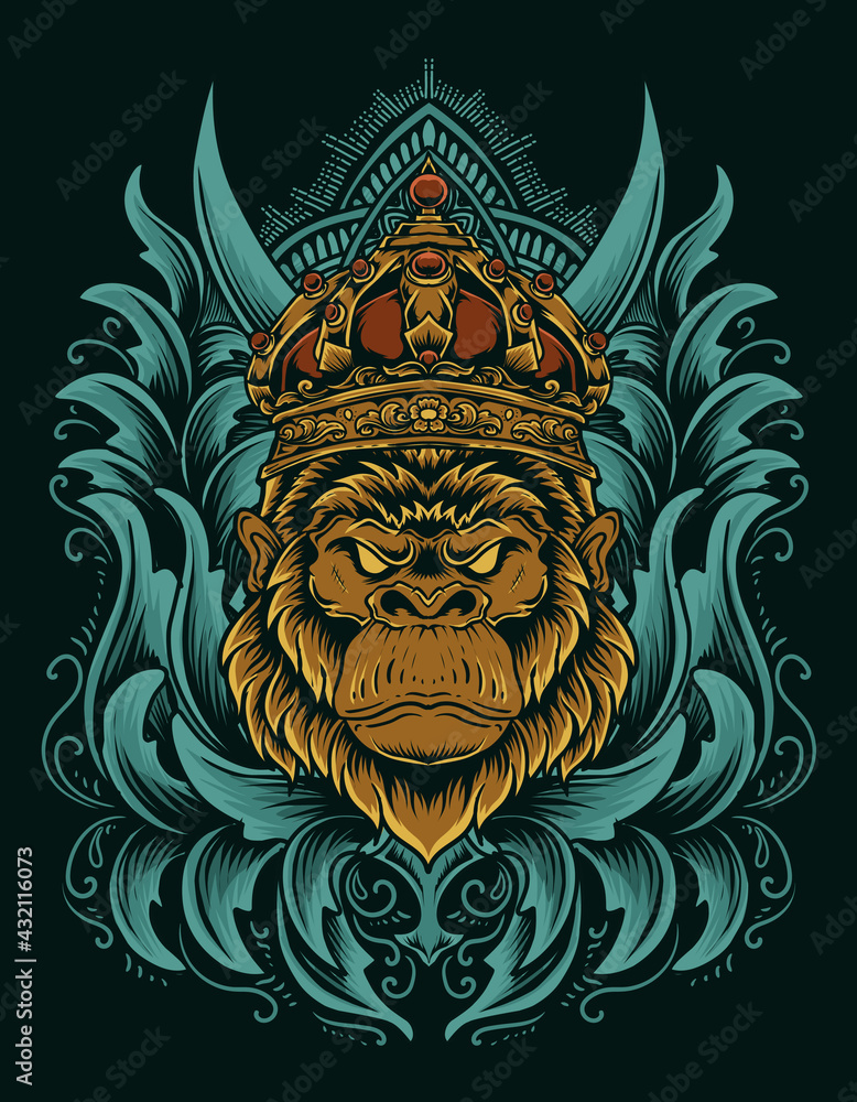 Obraz premium illustration vector gorilla king with engraving ornament