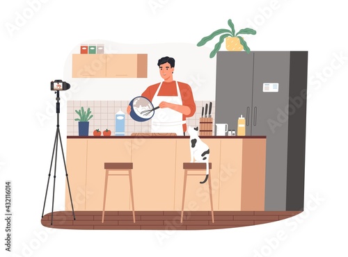 Food blogger cooking meal and recording video in front of camera. Man in kitchen showing recipe in his vlog. Online class from Chef. Colored flat vector illustration isolated on white background