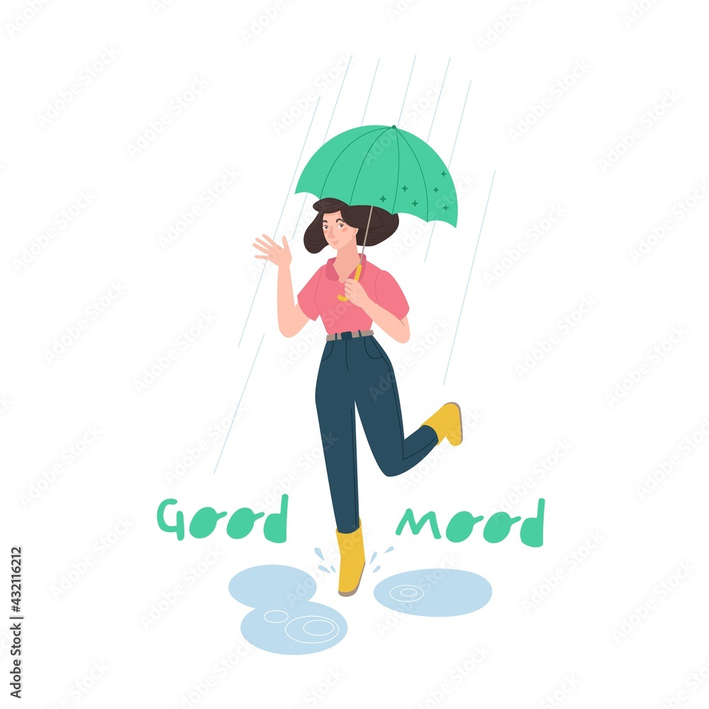 Happy young woman with an umbrella jumping under the rain