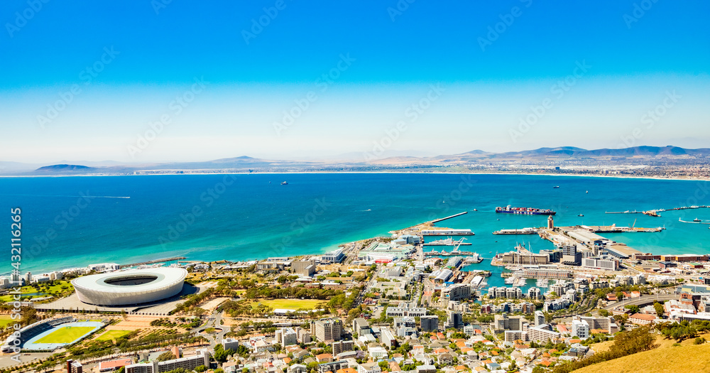 Elevated Panoramic view of V&A Waterfront Harbor in Cape Town South Africa