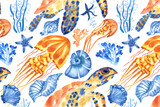 Marine background with sea turtle, shells, jellyfish and corals. Watercolor seamless pattern. Isolated on white background. Perfect for creating fabrics, textile, decoupage, wallpapers.