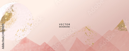 minimal background in pink moon and mountain golden metallic texture gallery wall art vector design in frame for home decorate