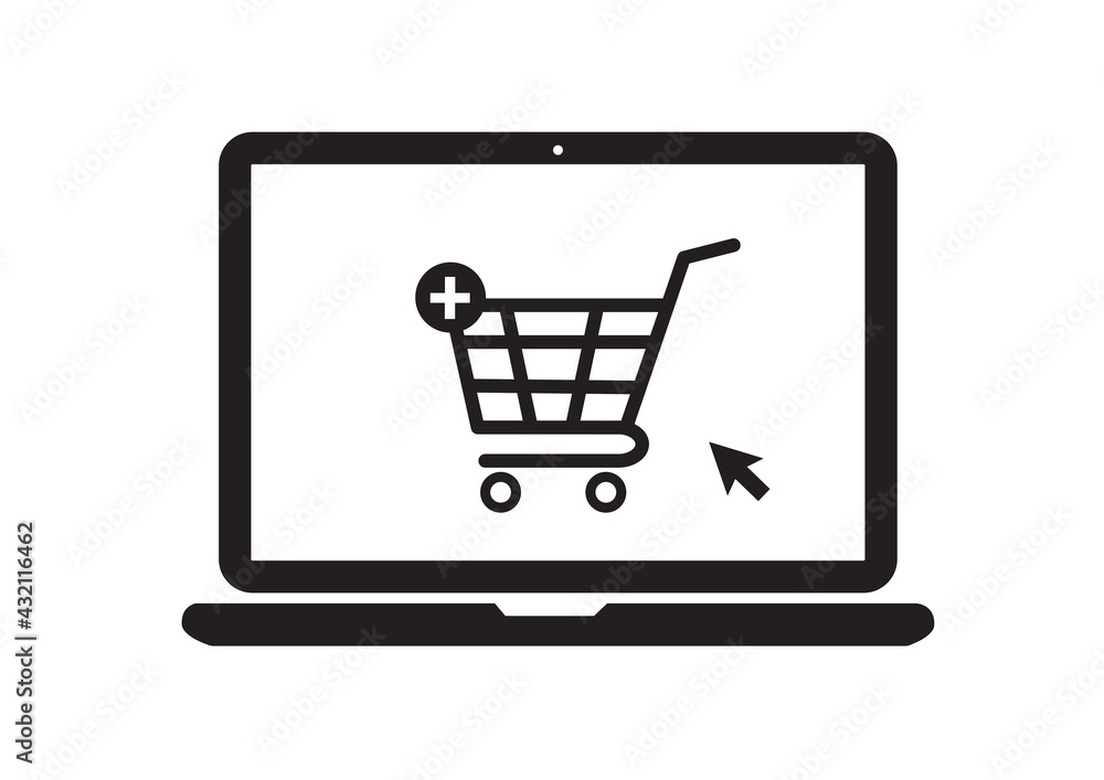 Online shopping with laptop. Add to cart icon. Flat design. Vector illustration. Online shopping with laptop. Add to cart icon. Flat design. Vector illustration.