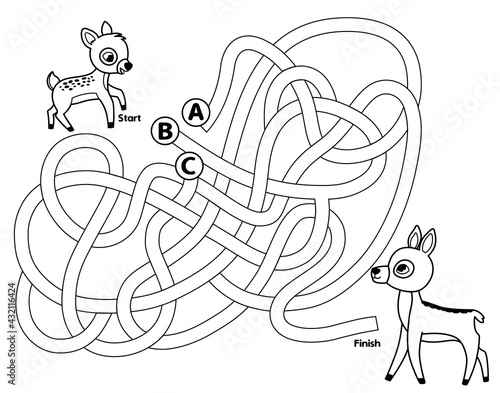 Help the fawn to reach her mother. Black and white maze game for children. Vector illustration. 