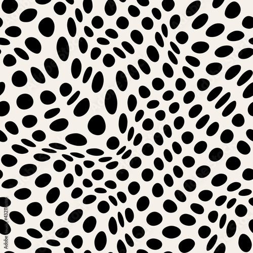 Vector seamless pattern with optic illusion. Abstract distorted dotted texture. Monochrome warped surface. Creative op art background. Design with distortion. Can be used as swatch for illustrator.