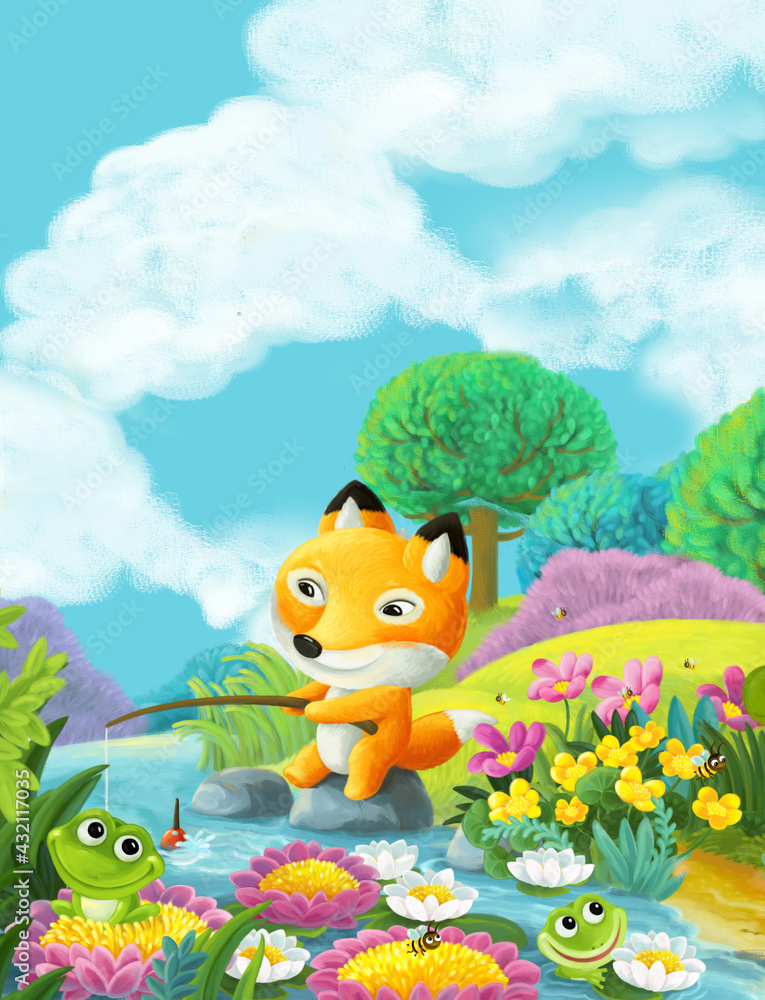 Fototapeta premium cartoon scene forest animals friends fishing illustration